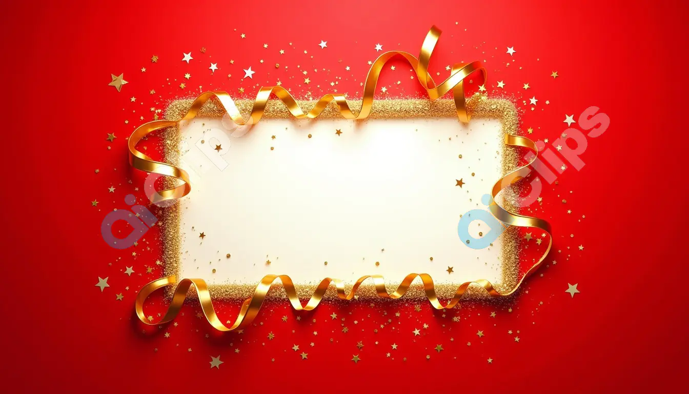 Festive Christmas Greeting Card Template with Golden Ribbon and Red Backgrounds