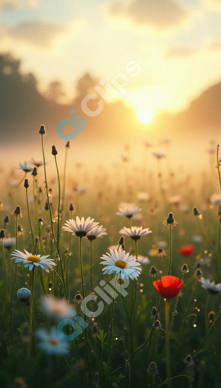 Morning Sunlight Over a Field of Wildflowers