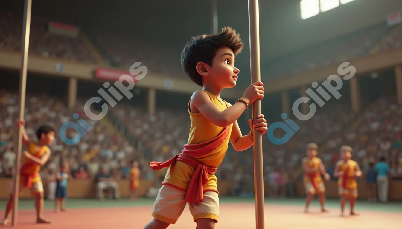 Young Boy Practicing Traditional Indian Pole Sport - Animated Scene