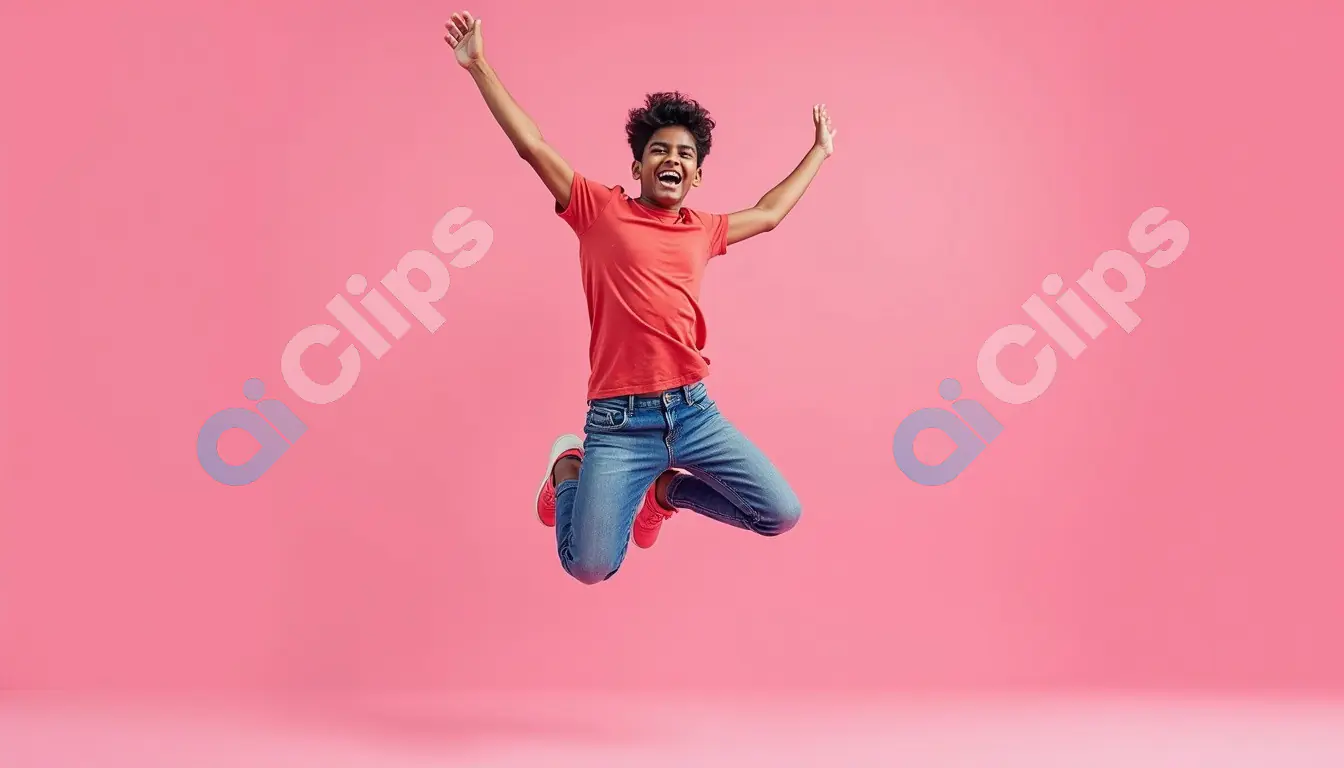 Joyful Young Boy Jumping Against Pink Background