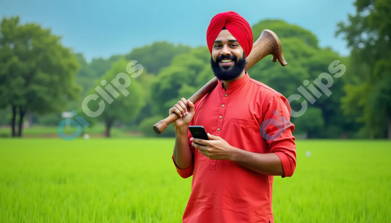 Smiling Indian Farmer with a Smartphone in Green Field