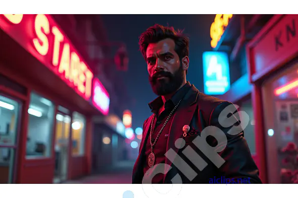 Mysterious Man in Neon-Lit Urban Night Scene