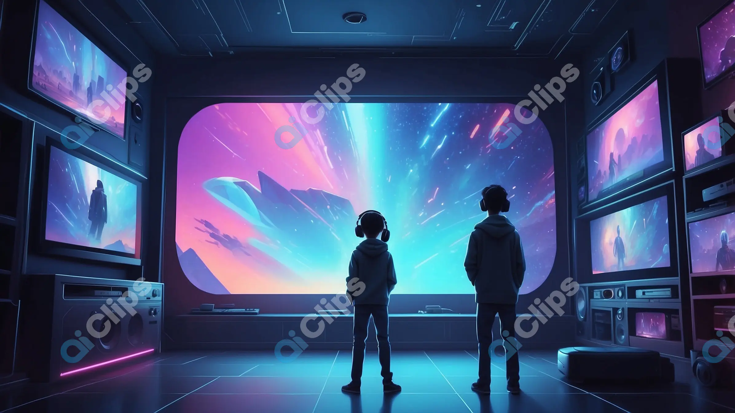 Futuristic Gaming Room with Giant Screen and Neon Lights - Digital Art