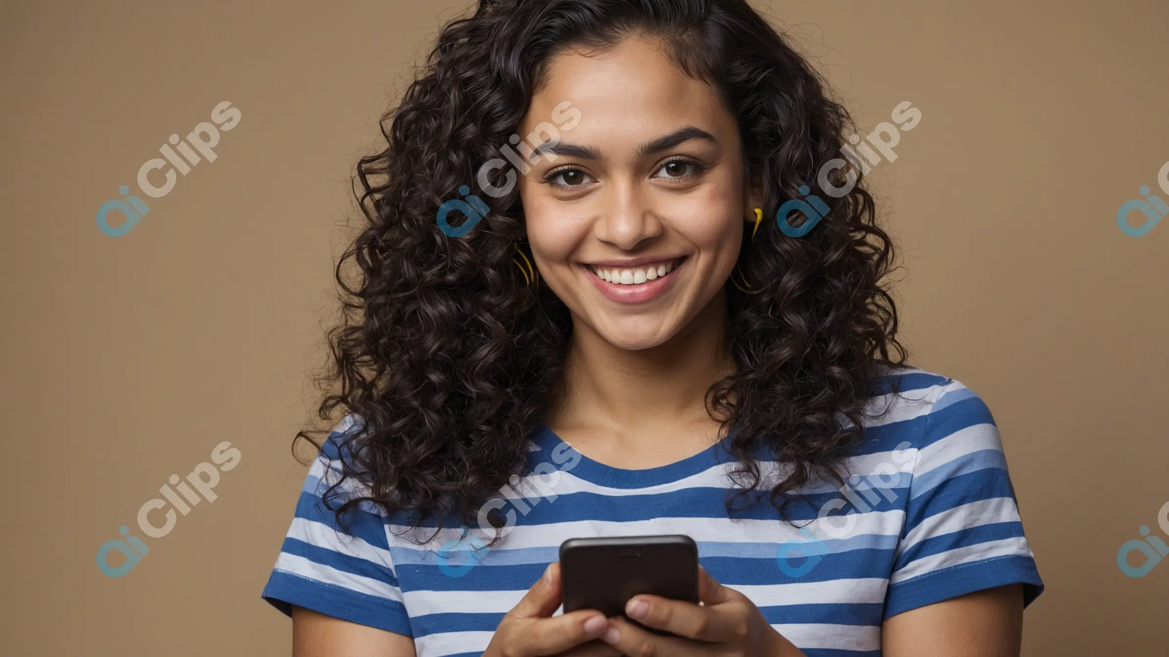 Smiling Woman with Curly Hair Using Smartphone in Striped Shirt