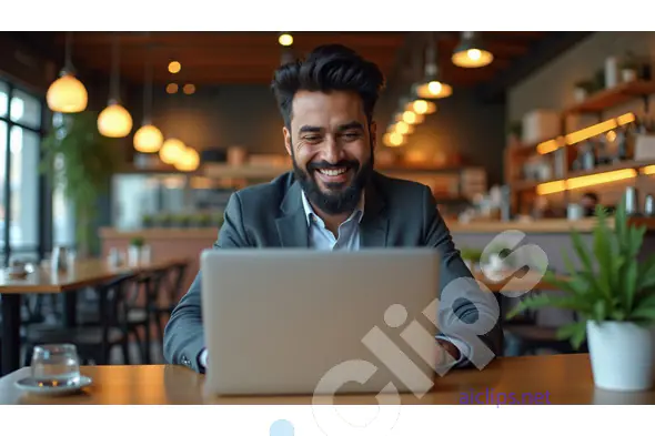 Indian Businessman Working on Laptop in Modern Café - Professional Workspace