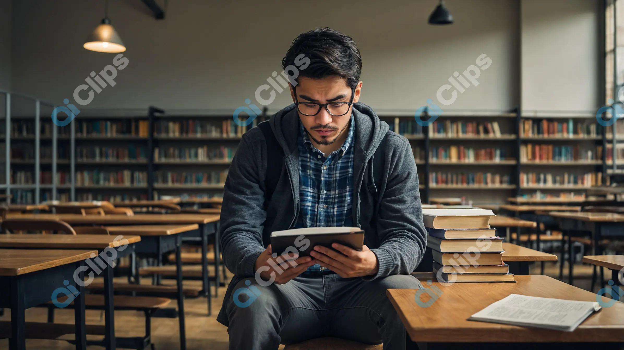 Student Reading on Tablet in Library
