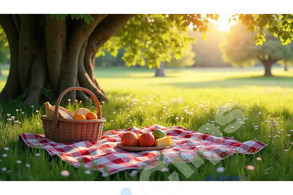 Sunlit Picnic Scene with Basket and Fruits - Peaceful Outdoor Setting