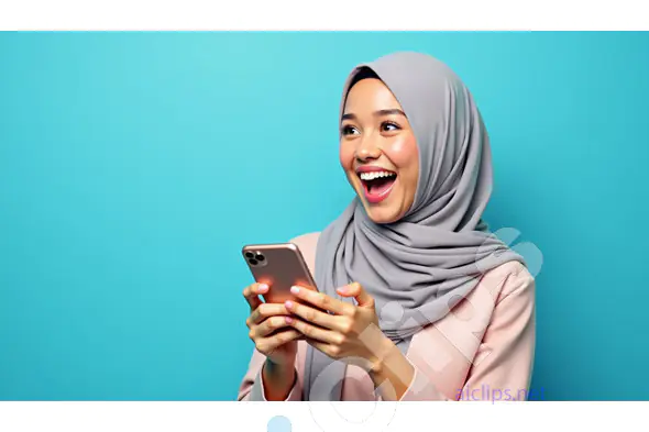 Excited Woman in Hijab Using Smartphone