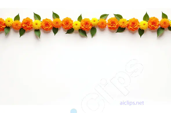 Horizontal Marigold and Rose Flower Garland with Green Leaves on White Background
