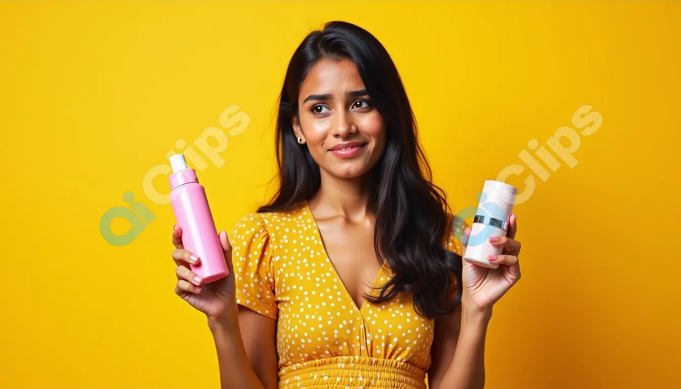 Woman Comparing Two Beauty Products on Yellow Background