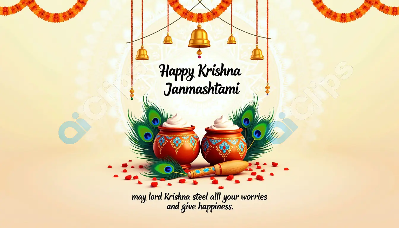 Happy Krishna Janmashtami - Traditional Celebration with Butter Pots and Peacock Feathers