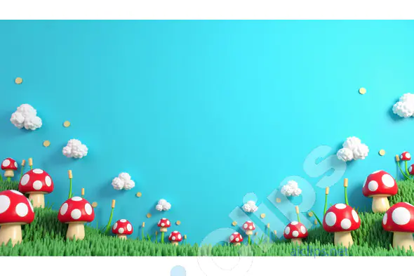 Whimsical Mushroom Meadow with Playful Clouds and Grass