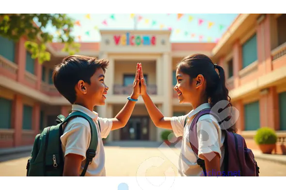 Happy School Kids High-Fiving at School Entrance