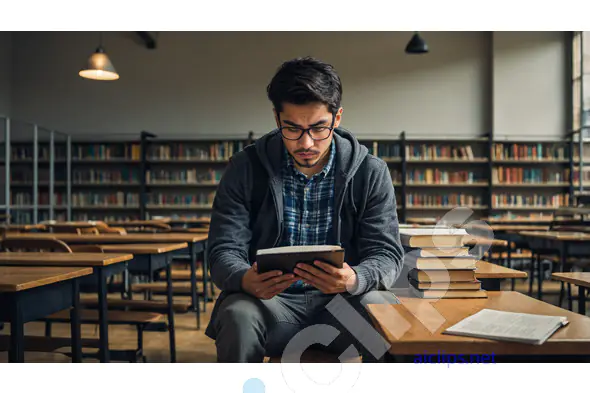 Student Reading on Tablet in Library