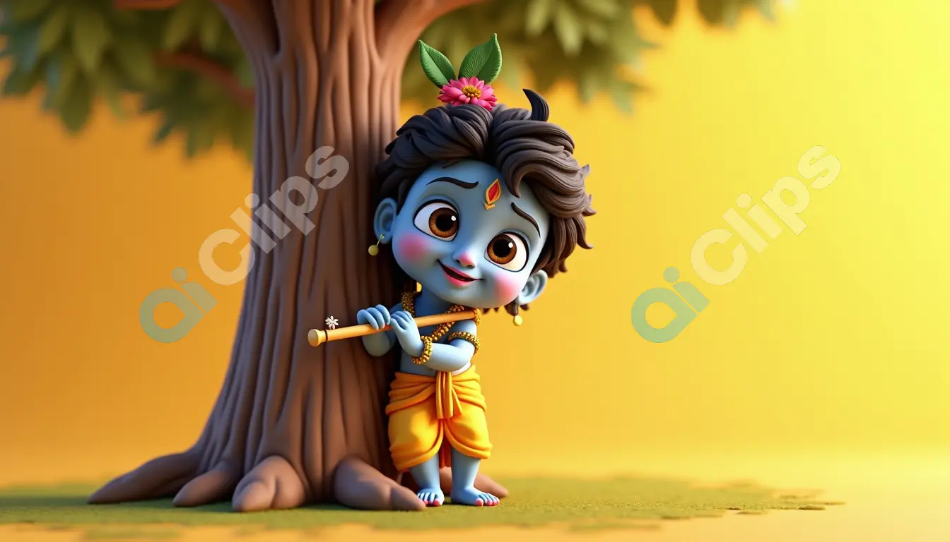 Adorable Krishna Playing Flute by Tree on Yellow Background
