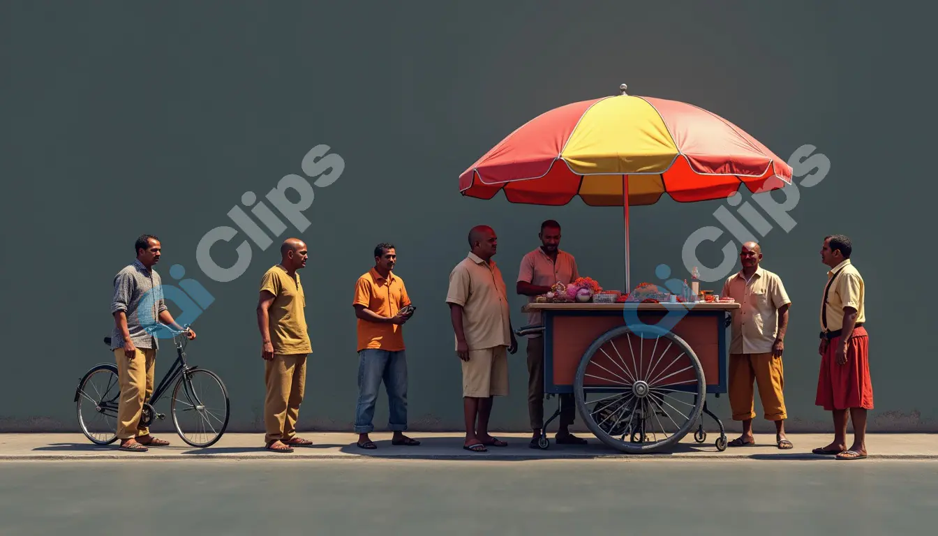 Indian Street Vendor Cart with Men Gathering - Vibrant Urban Scene