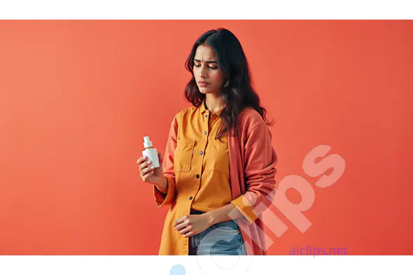 Thoughtful Woman Holding Skincare Product on Coral Background