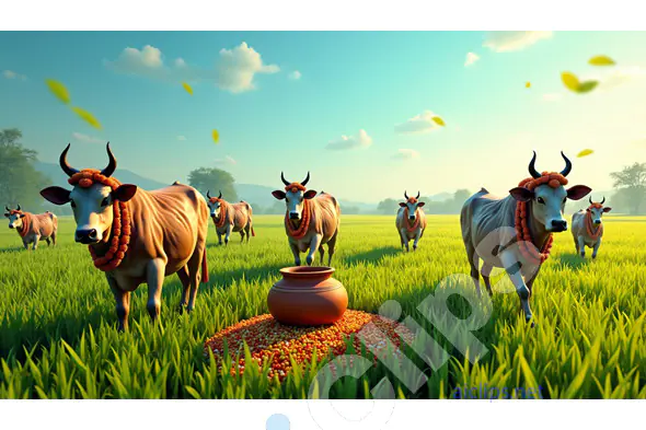 Traditional Indian Cattle in Harvest Field