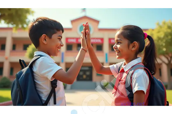 Joyful School Kids Sharing a High-Five at the School Entrance