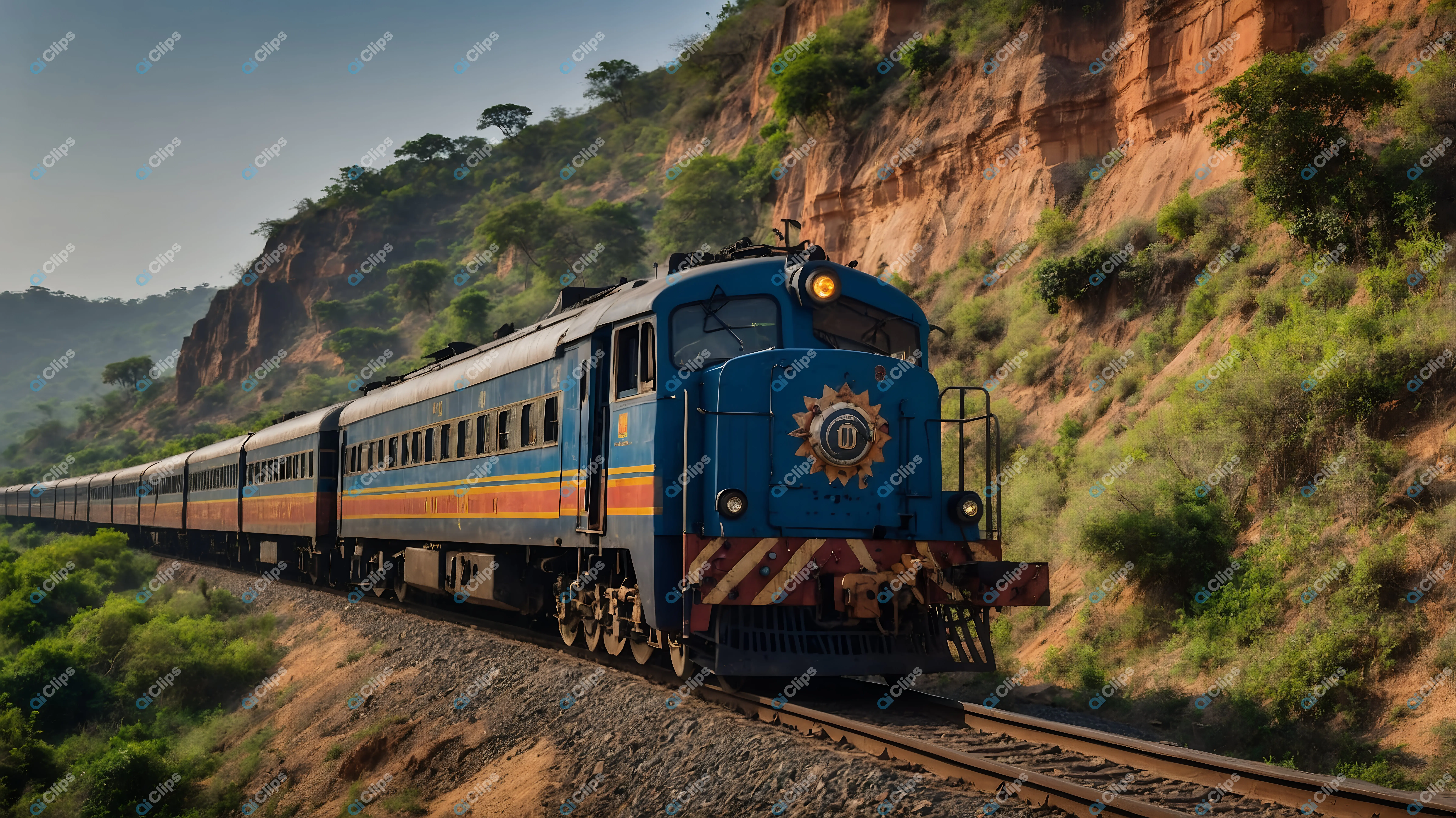 Blue Train Through Hills