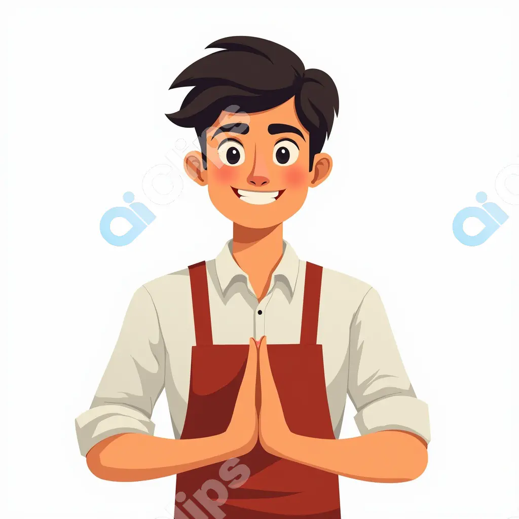 Smiling Young Man in Apron with Namaste Gesture Vector Illustration