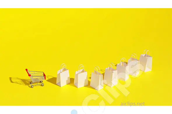 Minimalist Shopping Cart and Bags on Yellow Background