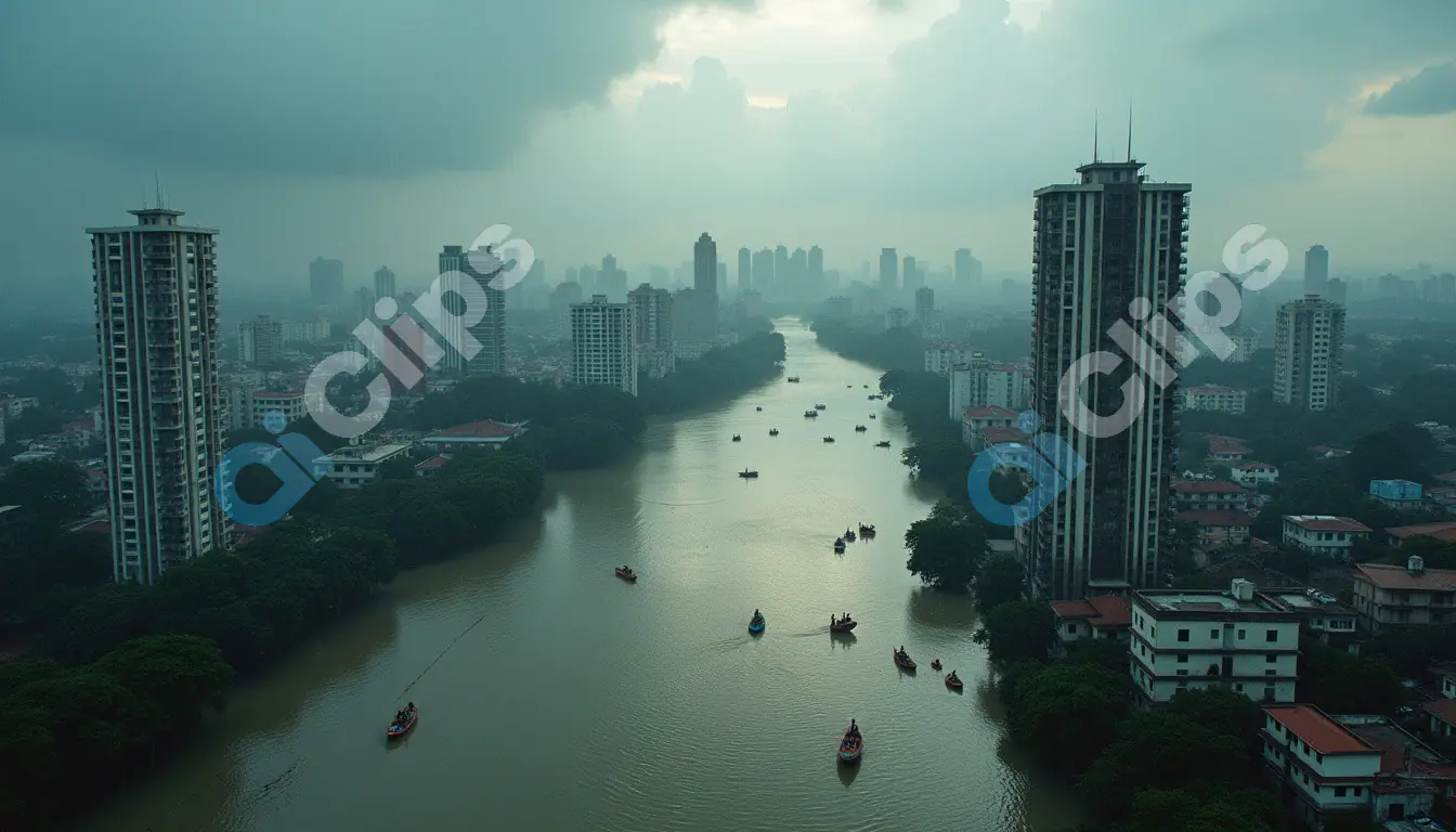 Misty River View of an Urban Cityscape