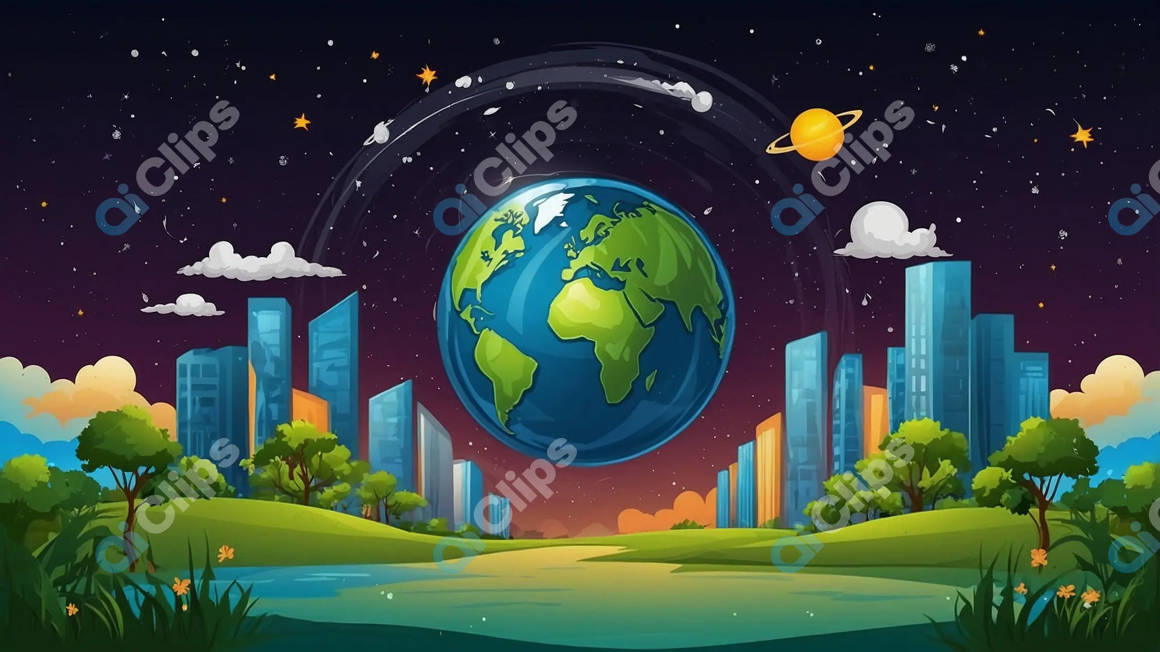 Cartoon Earth in a Futuristic Cityscape