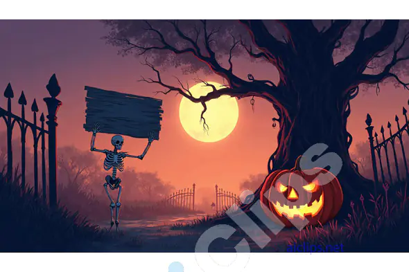 Skeleton Holding Sign with Pumpkin under Full Moon