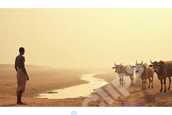 Rural Man with Cows in a Serene Desert Landscape