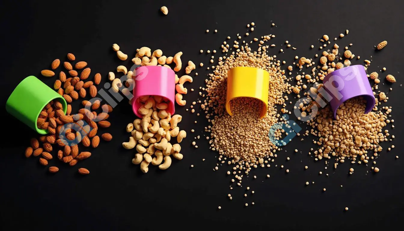 Colorful Cups Spilling Nuts and Seeds on Dark Background