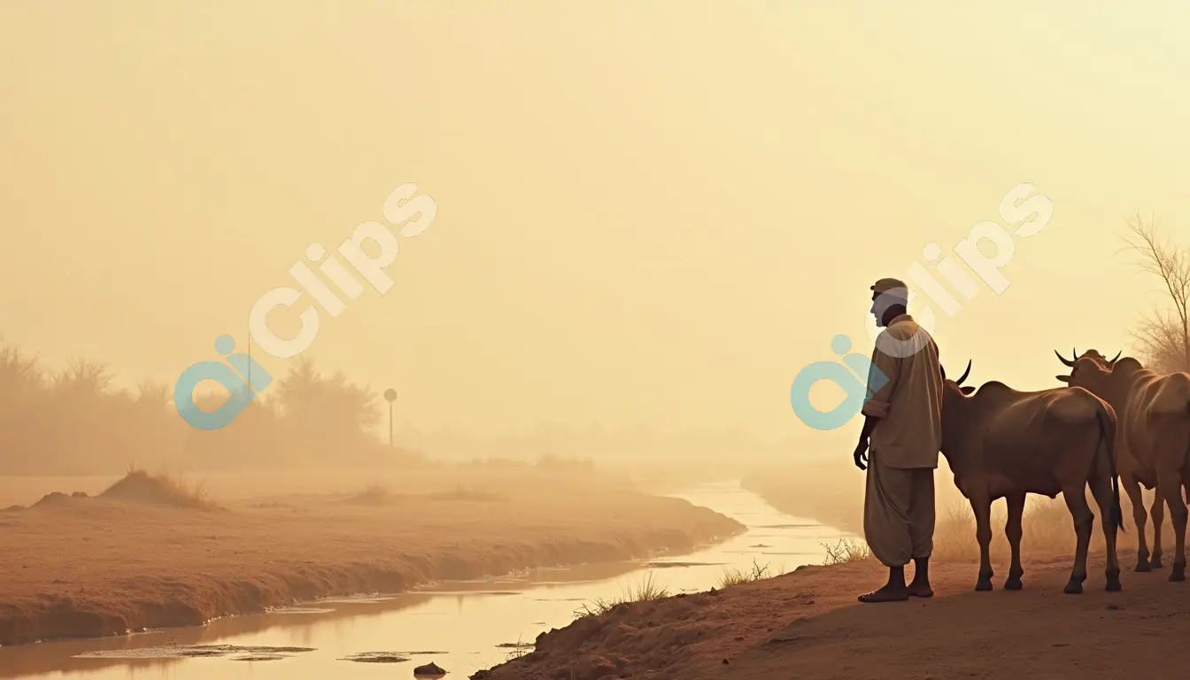 Farmer with Cows by a Tranquil Desert Stream