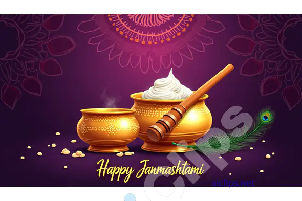 Janmashtami Greeting with Matki, Butter, and Peacock Feather