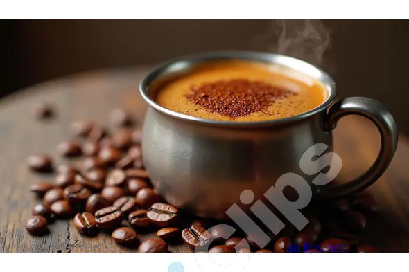 Hot Coffee in a Rustic Steel Mug with Coffee Beans