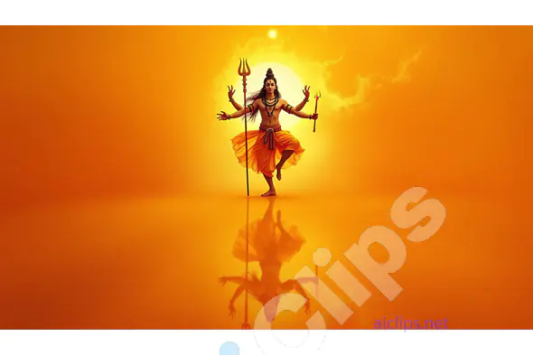 Majestic 3D Lord Shiva in Tandava Dance with Reflection on Fiery Orange Background