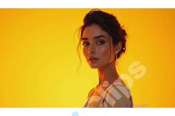 Elegant Portrait of a Woman with Pearl Earrings on Yellow Background