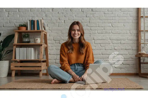 Young Woman Working on Laptop in Cozy Home Environment