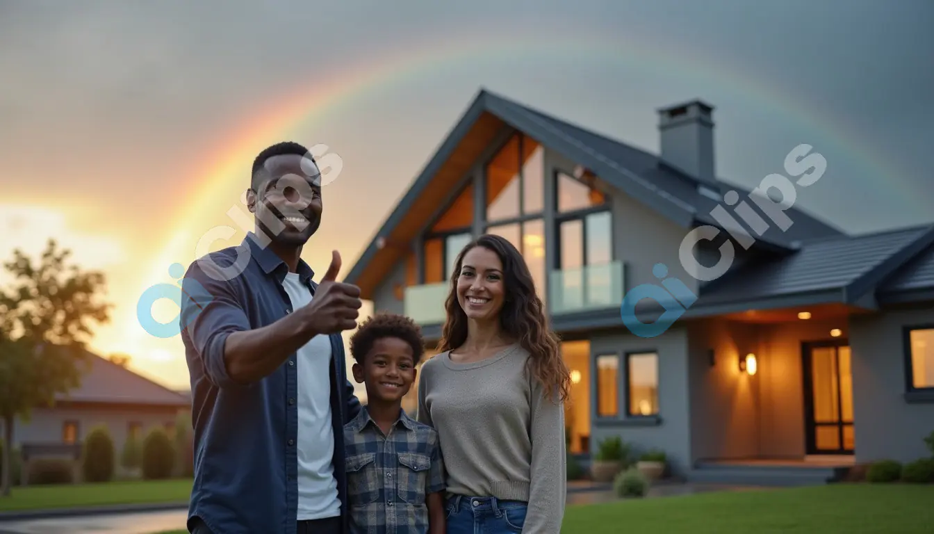 Happy Family in Front of New Home with Rainbow