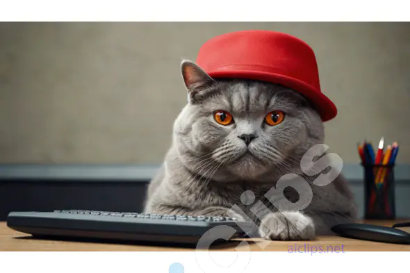 Cat in Red Hat at Work Desk