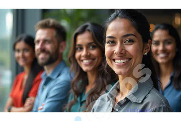 Professional Team in Focus - Business Group with Smiling Woman