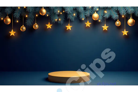 Elegant Christmas Stage with Golden Ornaments and Fir Branches