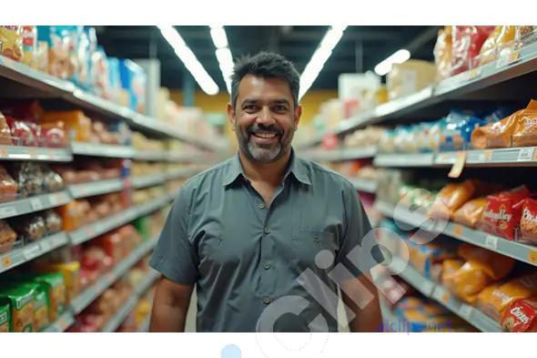 Smiling Man in a Supermarket Aisle