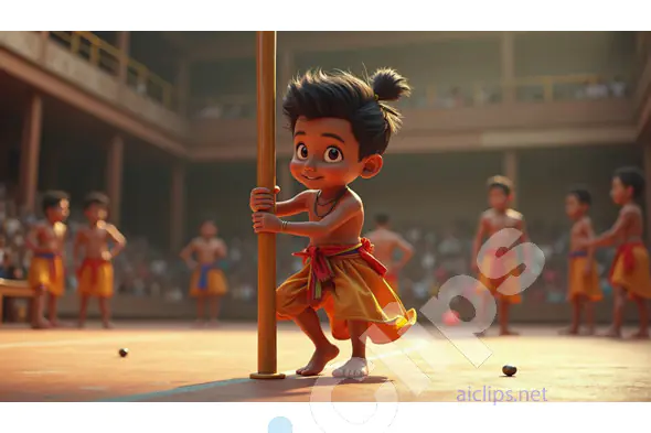 Adorable Child Practicing Traditional Indian Martial Arts - Cartoon Style