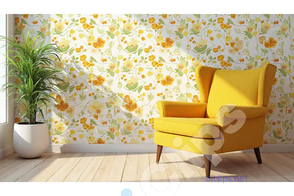 Cozy Interior with Yellow Chair and Floral Wallpaper
