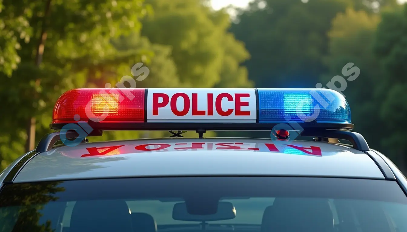 Police Car with Flashing Lights in a Serene Environment