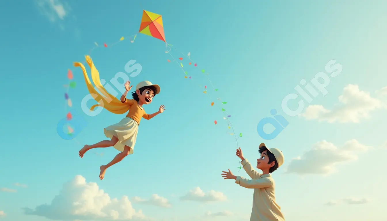 Children Flying Kite with Joyful Animation - Uplifting Outdoor Scene