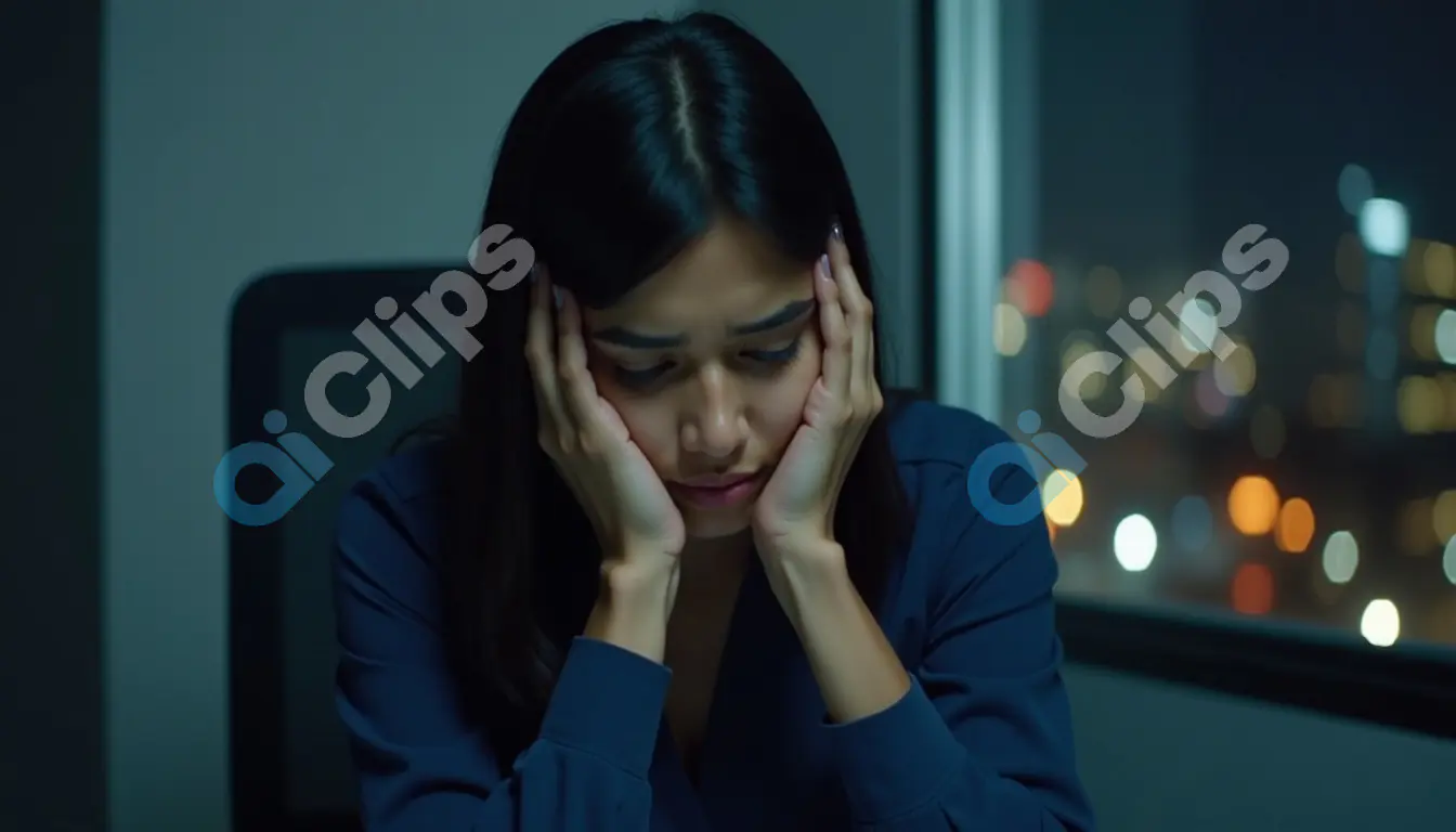 Overworked Woman in Office at Night