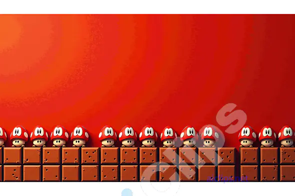 Red Mushroom Characters on Pixelated Brick Platform Background