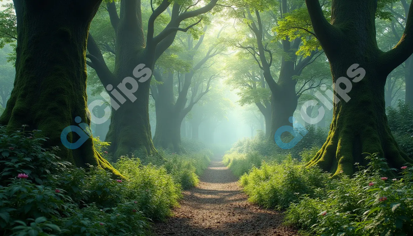 Sunlit Forest Path with Majestic Trees and Lush Foliage