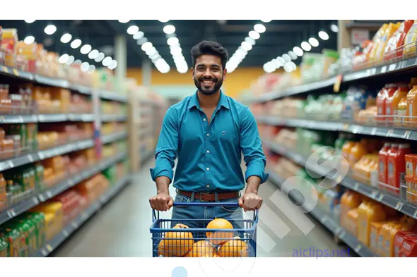 Young Man Shopping in Supermarket Aisle